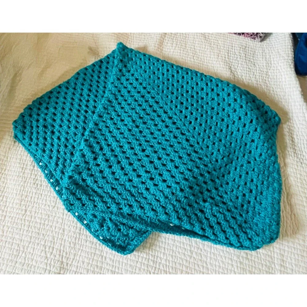 Hand Crocheted Blanket Baby Lap Afghan Bright‎ Teal 38